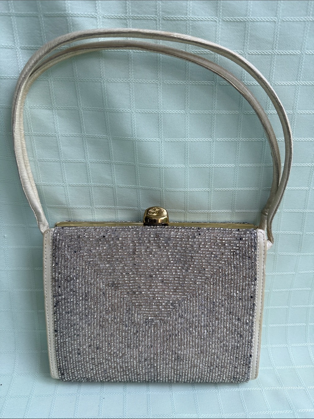 Vintage 60’s Elegant Cream and Silver All Hand Beaded Evening Bag